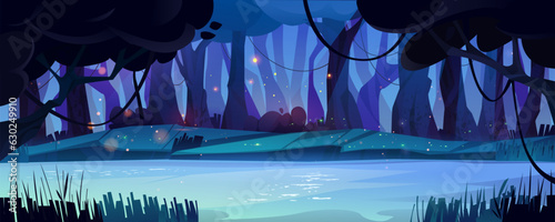Night forest river with golden fireflies glowing in air. Vector cartoon illustration of neon blue water flowing in dark woodland, yellow sparkles shimmering in darkness, fairy tale magic background