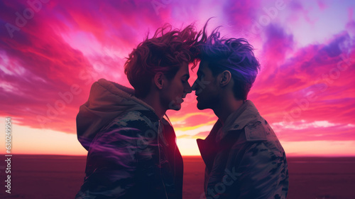 Two gay guys kissing facing each other on a synthwave colors sunset with hair blowing in the wind photo