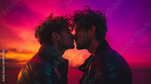 Two gay guys kissing facing each other on a synthwave colors sunset with hair blowing in the wind photo