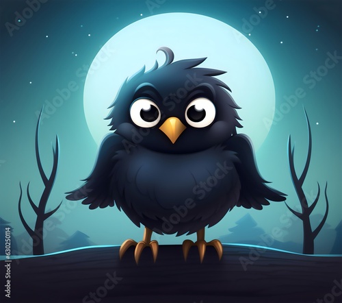 baby crow cute cartoon caracter sitting on a branch at night