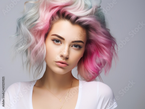 Beautiful caucasian woman portrait , clean face, colorful multicolor hair , simple background
