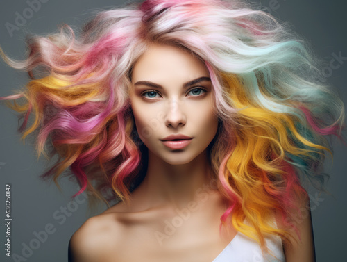 Beautiful caucasian woman portrait , clean face, colorful multicolor hair , simple background