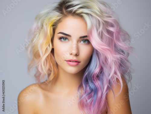 Beautiful caucasian woman portrait   clean face  colorful multicolor hair   simple background