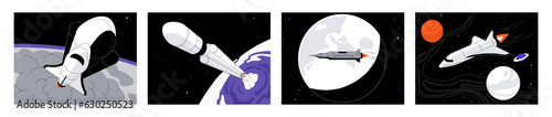 Rocket launch in the space set. Spaceship in cosmos between stars and planets. Start shuttle for discovery galaxy, universes, mars. Spacecraft on the background of the moon. Flat vector illustration