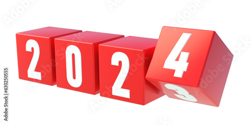 2024 New Year. Red cubes isolated on transparent background, above view. PNG. 3d render