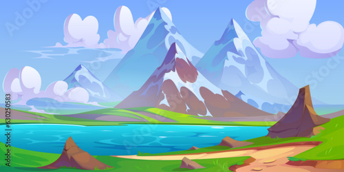 Cartoon mountain landscape with lake in spring valley. Vector illustration of beautiful natural background, footpath on green hills, high rocks with glacier on top and snow on slopes, blue sunny sky