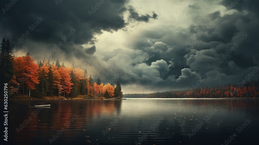 Autumn lake on dark background. Cloudy sky over autumn lake generative ai