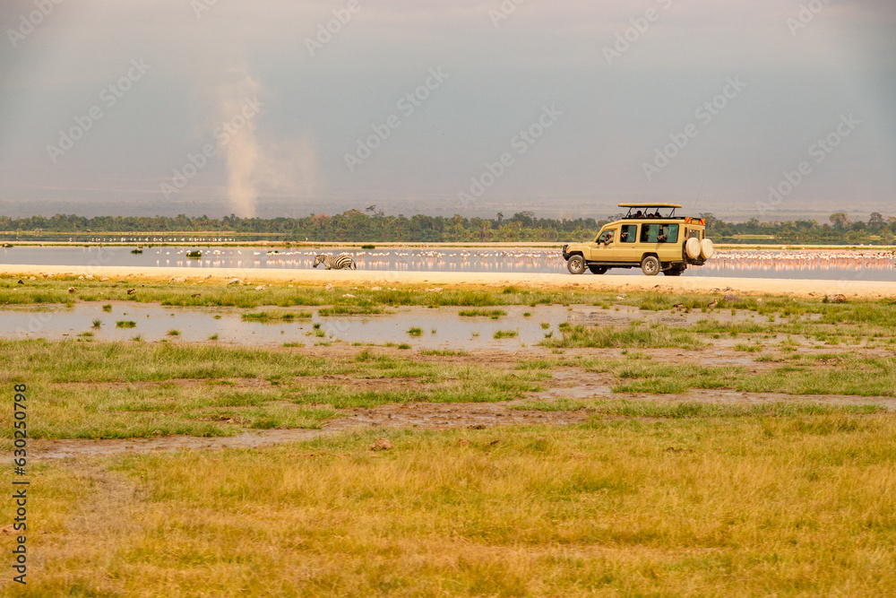 Fototapeta premium A safari vehicle amidst lesser flamingos at Amboseli National Park, Kenya
