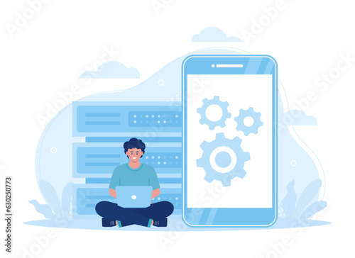 A man maintenance big data applications via smartphone. data processing software, database management concept flat illustration