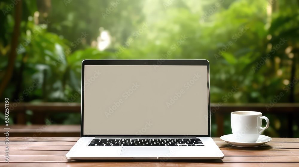 Empty screen laptop mockup with a cup coffee on green tree background Empty screen laptop mockup with a cup coffee on green tree background
