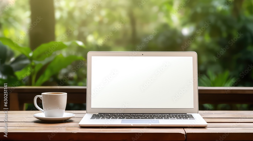 Empty screen laptop mockup with a cup coffee on green tree background Empty screen laptop mockup with a cup coffee on green tree background