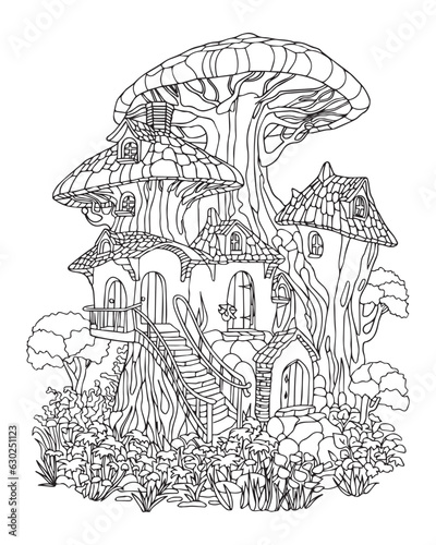 Fairy tale forest house in mushroom. Coloring page