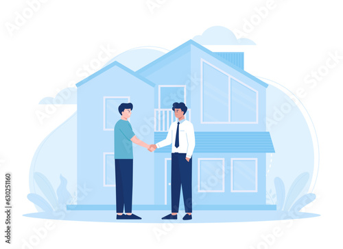 Real estate agreement concept with man buying a house from broker concept flat illustration