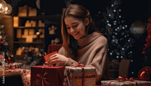 Cheerful girl wrapping Christmas presents, holiday gift wrapping, festive packaging