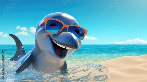 Animal 3d character person with surf board in the beach