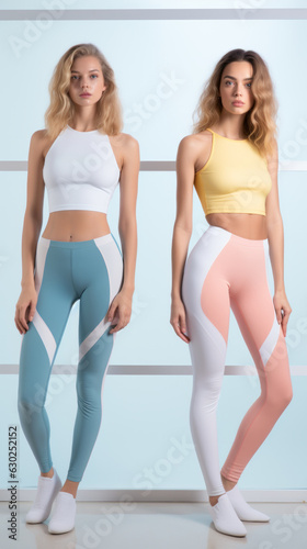Young active woman wearing colorful leggings and tight crop top sports bra
