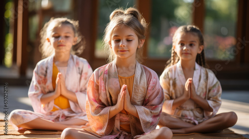 Group of young girls children doing meditation or yoga class