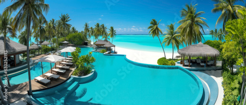 Fotografia Bird's-eye view at luxury tropical resort near the ocean: swimming pools, deck chairs, palm trees, beach, straw huts etc