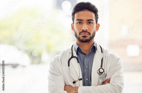 Canvastavla Arms crossed, serious and man doctor portrait in hospital with stethoscope, attitude and determined mindset