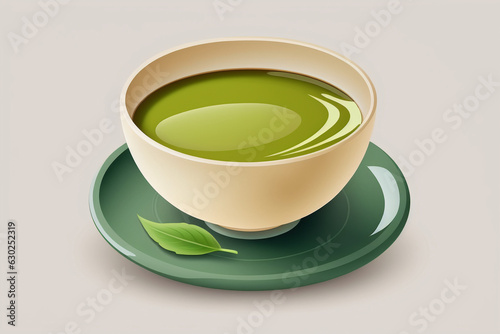 Generative AI.Matcha green tea and latte in black cups with leaves  isolated on white background. 