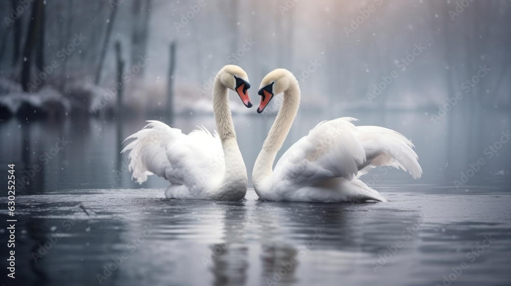 Obraz premium A pair of swans are dancing on the lake. They lean on each other. Their feathers are as white as snow. They look very elegant against the lake.