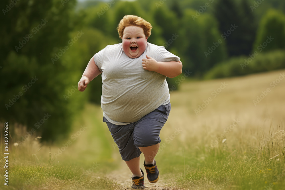 Overweight ginger boy is running in middle of green meadow Stock Photo
