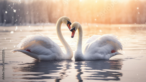 Fototapeta Naklejka Na Ścianę i Meble -  A pair of swans are dancing on the lake. They lean on each other. Their feathers are as white as snow. They look very elegant against the lake.