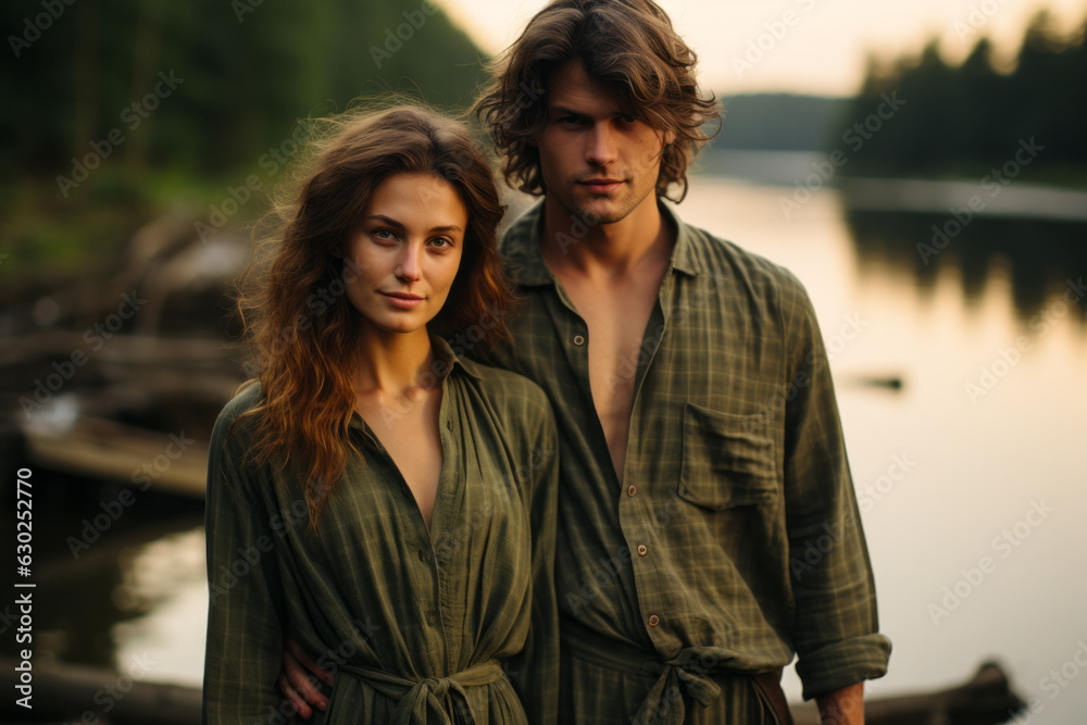 Man and woman in linen matching green pajamas with nature river background , in the style of rustic vintage inspired fashion