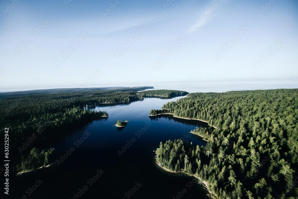 Aerial view of lakes and forest.