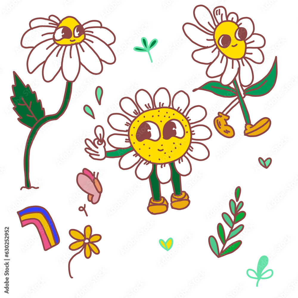 set of funny cartoon flowers