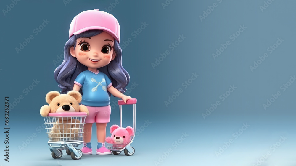 Happy girl with shopping cart filled with teddy bear Happy girl with shopping cart filled with teddy bear