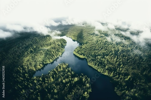 Aerial view of lakes and forest.