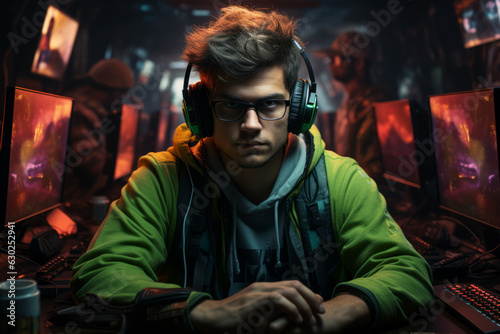 Man gamer in the room wearing head phone looking at viewer next to computer, wear green jacket