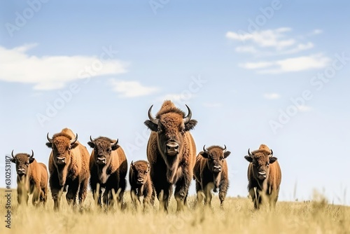 American bison herd with baby grazing