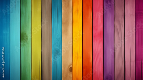 Colorful wooden background with vertical wooden slat of different bright colors and copy space