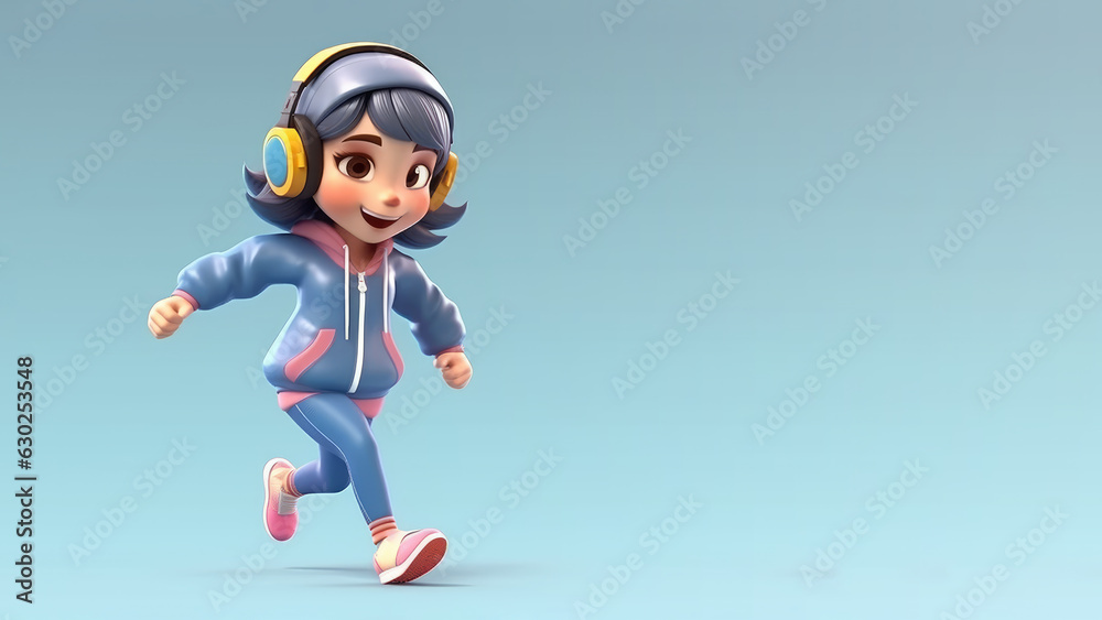 Obraz premium Happy girl wearing headphones is walking enjoying music