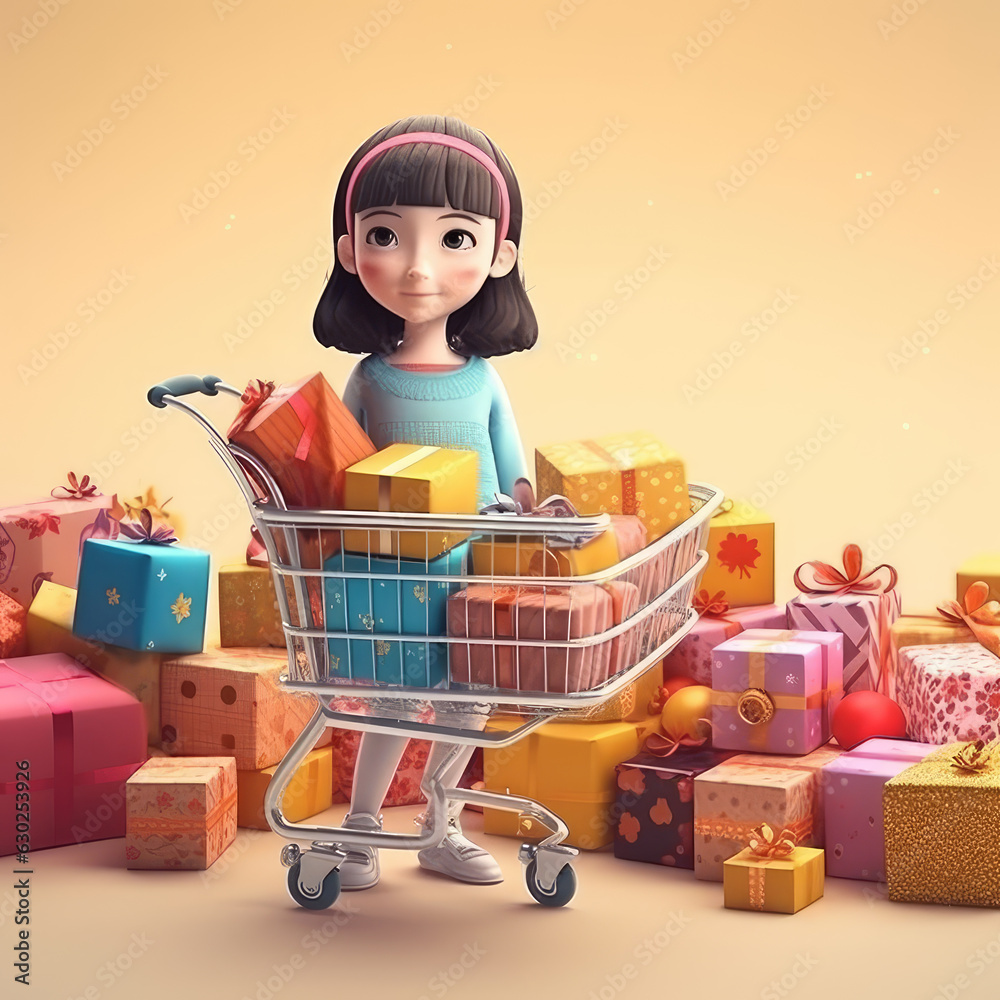 Happy girl surrounded by gift boxes and gift baskets Happy girl surrounded by gift boxes and gift baskets
