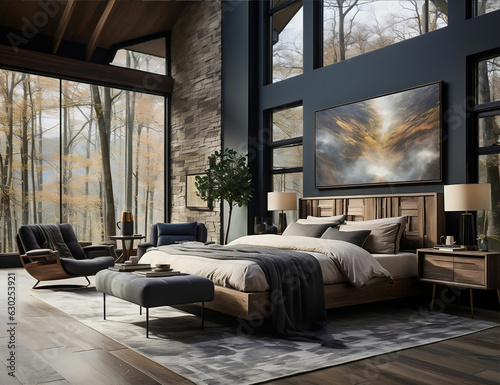 The interior of the bedroom is elegant minimalist with domination of black combined with white, gray and light wood brown. 3d interior design.