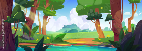 Cartoon forest landscape with lake between trees. Vector illustration of beautiful natural background, summer valley with green grass and colorful flowers, footpath and stones near water, sunny sky
