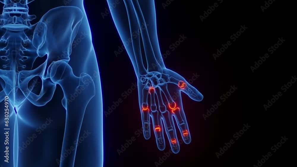 Animation of male skeleton with inflamed hand