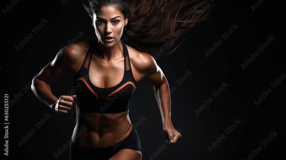 A strong athletic, woman sprinter, running on black background wearing in the sportswear, fitness and sport motivation concept - obrazy, fototapety, plakaty 