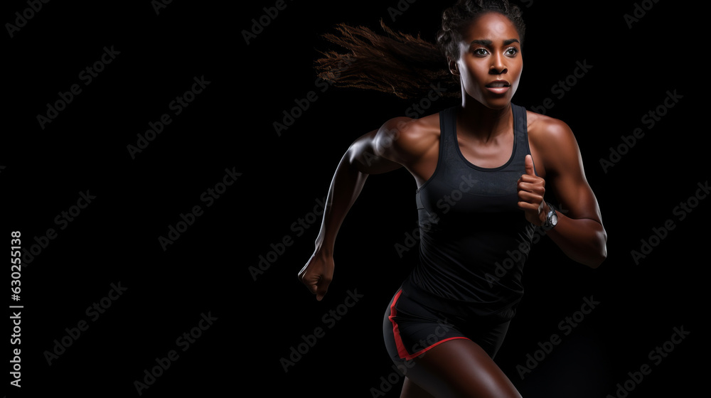 A strong athletic, woman sprinter, running on black background wearing in the sportswear, fitness and sport motivation concept A strong athletic, woman sprinter, running on black background wearing in the sportswear, fitness and sport motivation concept