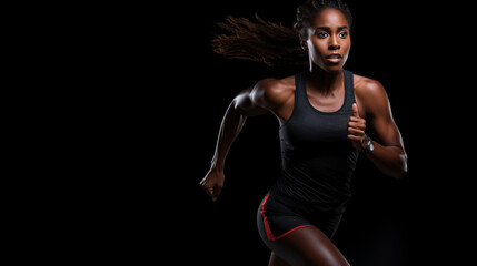 A strong athletic, woman sprinter, running on black background wearing in the sportswear, fitness and sport motivation concept