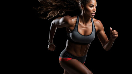 A strong athletic, woman sprinter, running on black background wearing in the sportswear, fitness and sport motivation concept