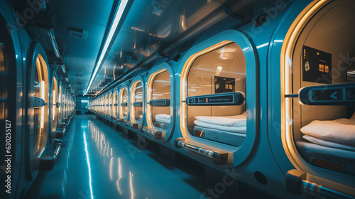 Capsule hotel interior view in Japan photo