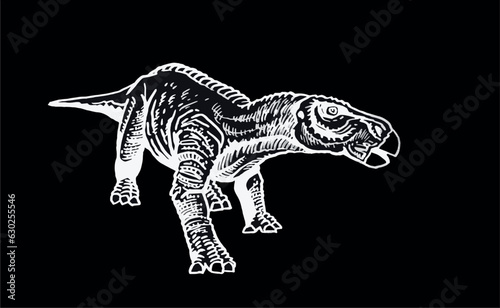 Graphical illustration of iguanodon on black background,vector engraved illuatration.Dinosaur