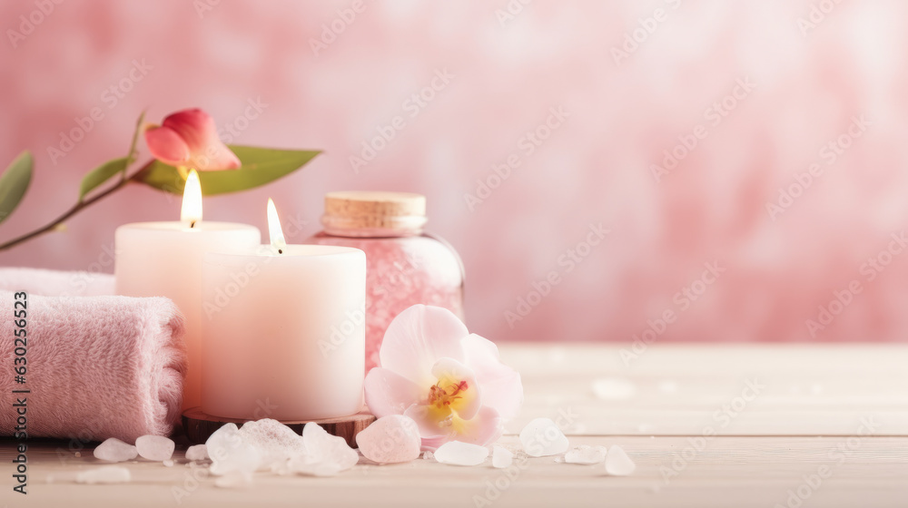 Beauty treatment items for spa procedures on pink wooden table and gold marble wall. massage stones, essential oils and sea salt. candle, rolled up white towel, plants, copy space