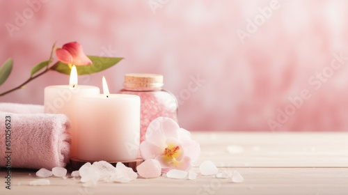 Beauty treatment items for spa procedures on pink wooden table and gold marble wall. massage stones, essential oils and sea salt. candle, rolled up white towel, plants, copy space