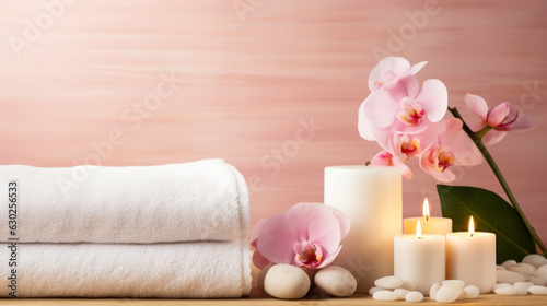 Beauty treatment items for spa procedures on pink wooden table and gold marble wall. massage stones  essential oils and sea salt. candle  rolled up white towel  plants  copy space