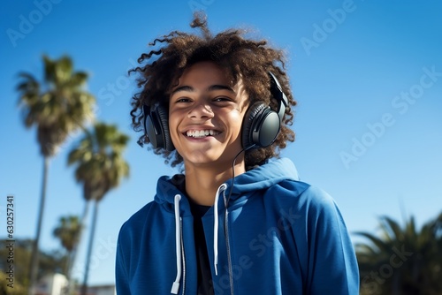 Funny cheerful teenager guy hispanic with headphones listening to music against the blue sky and palm trees. Generative ai.